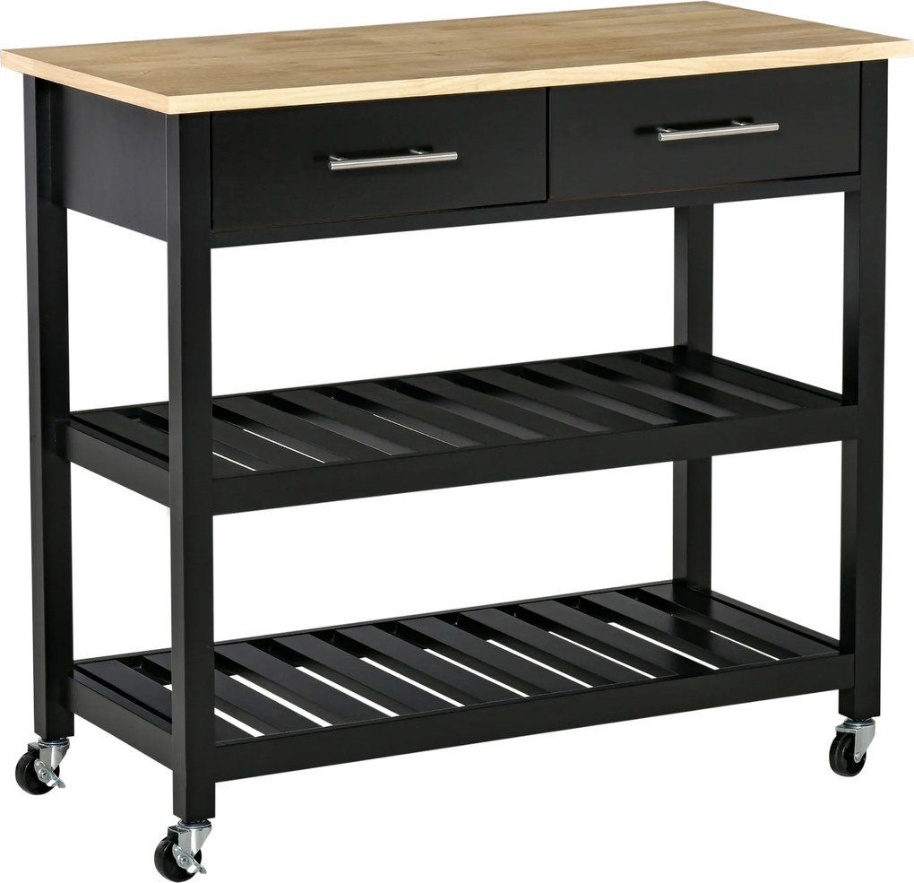 Carrinho de cozinha com rodas 91,4 x 45,6 x 85 cm, 2 prateleiras e 2 gavetas, preto e madeira natural