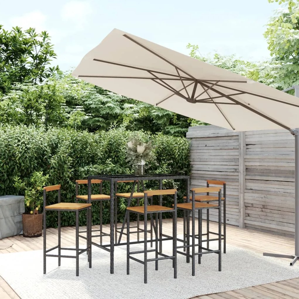 vidaXL 7 pcs conjunto de bar p/ jardim vime PE/acácia maciça preto