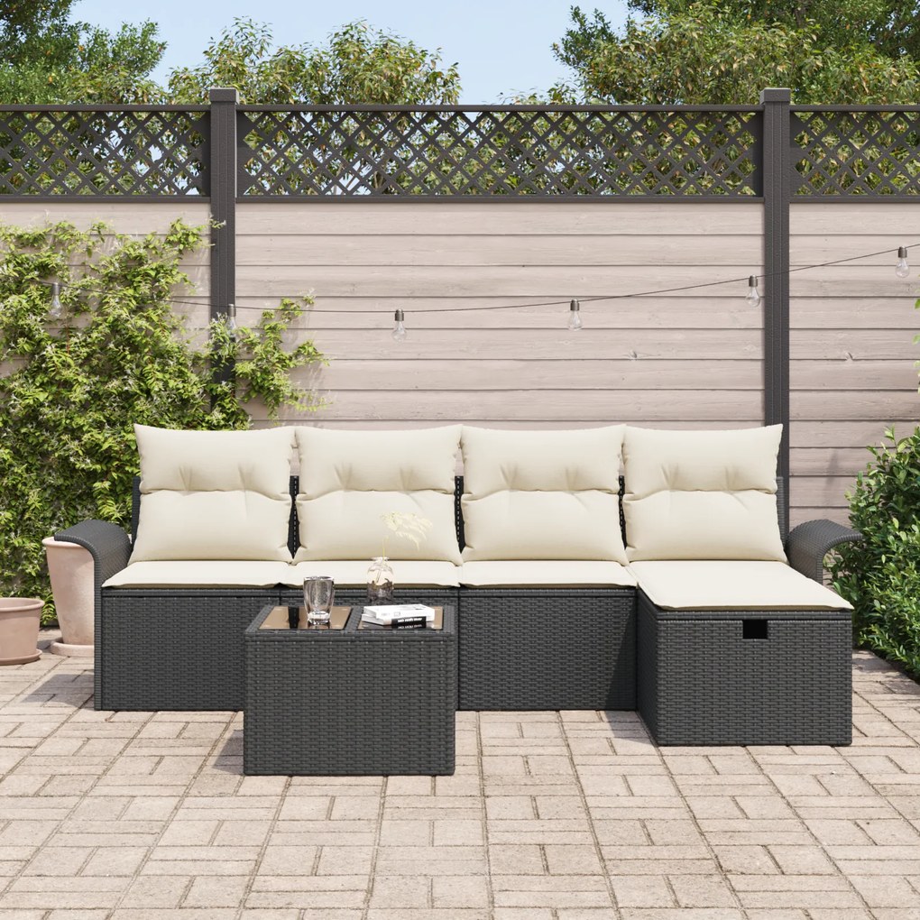 Conjunto de Sofá de Jardim de 6 Peças com Almofadas Preto Vime PE
