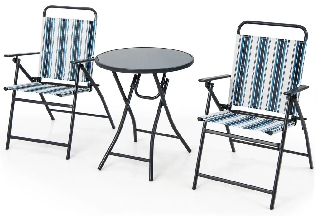 Conjunto de mesa dobrável de jardim e 2 cadeiras com tecido texteline respirável e estrutura de metal para quintal, piscina e varanda Riscas