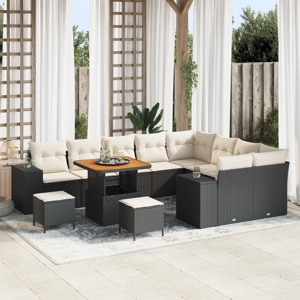 Conjunto de Sofá de Jardim de 12 Peças com Almofadas Preto Rattan Poli