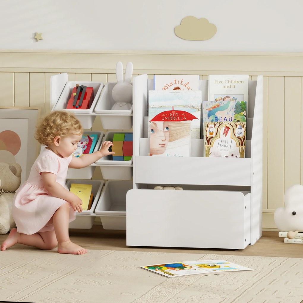 Móvel de arrumação infantil para brinquedos 100 x 30 x 80 cm, com 6 caixas removíveis e um grande baú com Rodas, branco