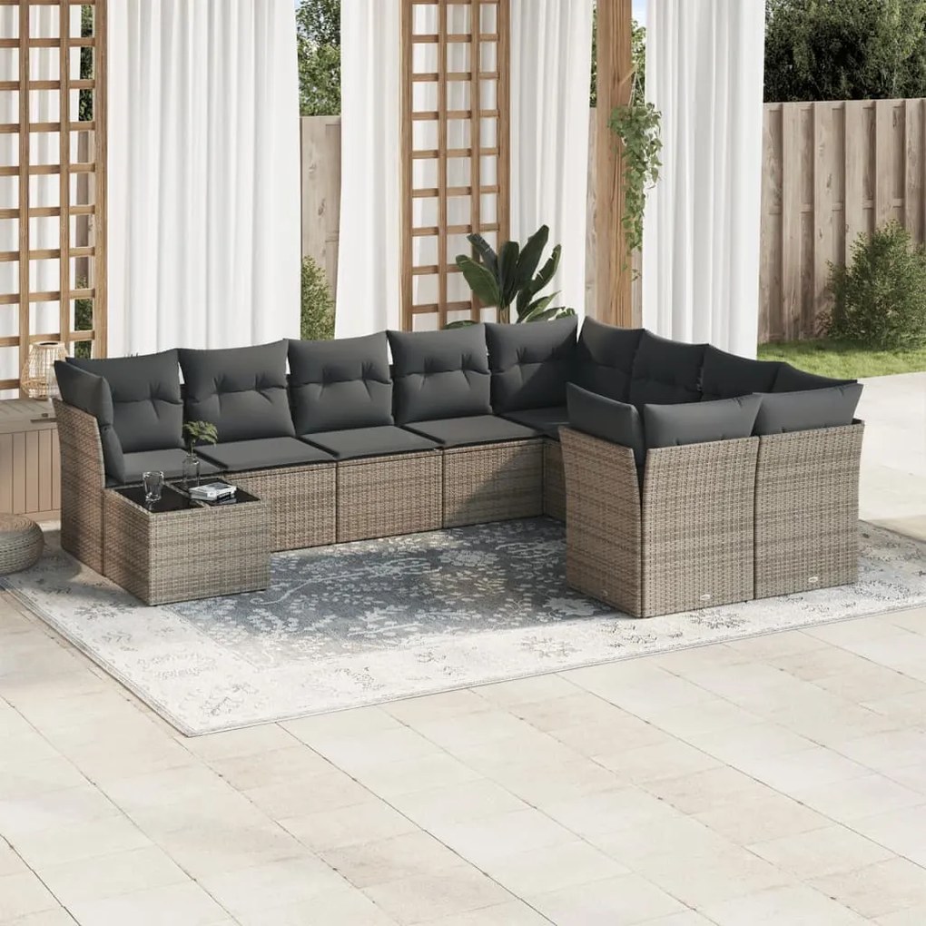 10 pcs conjunto sofás de jardim c/ almofadões vime PE cinzento