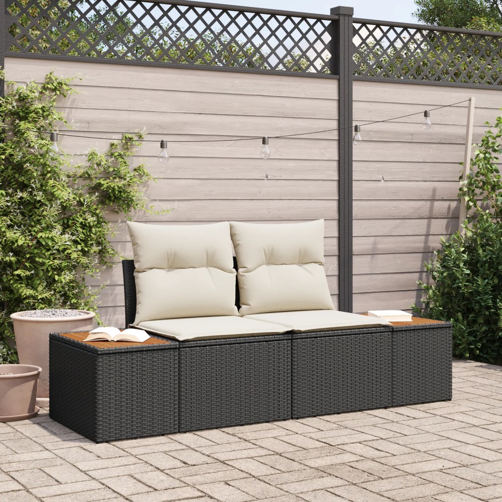 Sofá de Jardim 2 Lugares com Almofadas Preto em Rattan Sintético