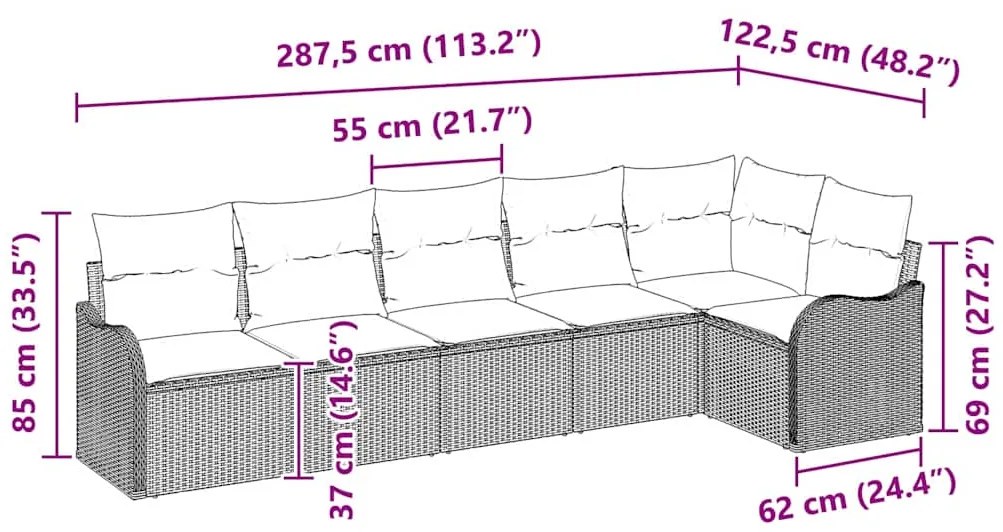 Conjunto de Sofás de Jardim de 6 Peças com Almofadas Cinzas de Rattan