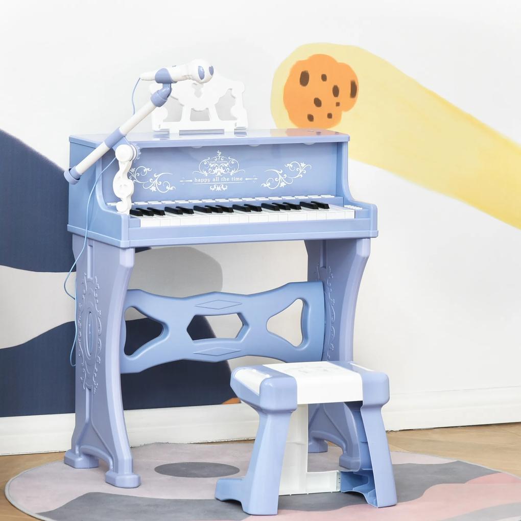 HOMCOM Piano Elétrico Infantil de 37 Teclas Conjunto de Piano com Microfone Banco Luzes e 22 Canções USB/MP3/Bluetooth Karaokê 53,5x27x63cm Azul