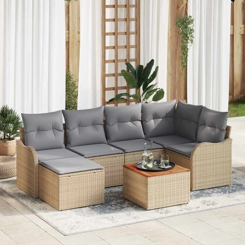 Conjunto de Sofás de Jardim 7 Peças com Almofadas em Rattan Bege e Acá