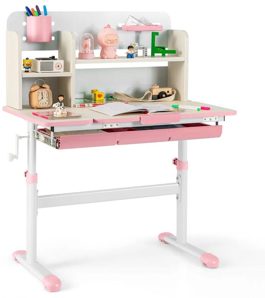 Secretária Infantil 80 x 51 x 88-110,5 cm com Altura Ajustável, Inclinável Gaveta Bandeja Estantes para Casa Escola Rosa