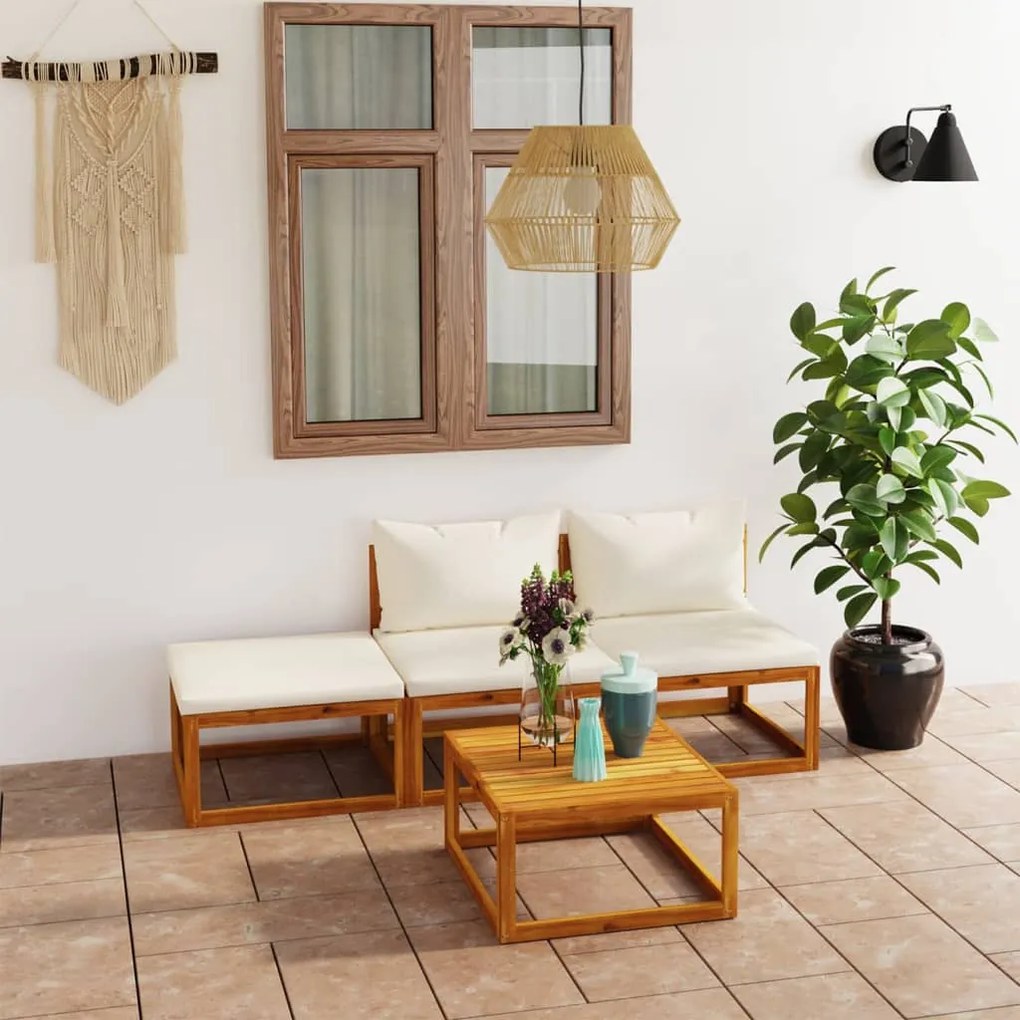 vidaXL 4 pcs conjunto lounge jardim c/ almofadões acácia maciça creme
