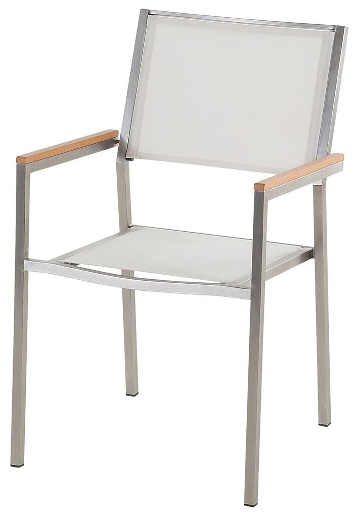 Conjunto de mesa com tampo triplo granito polido preto 220 x 100 cm e 8 cadeiras brancas GROSSETO Beliani
