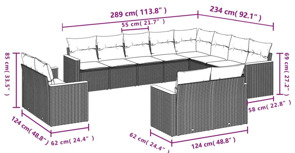12 pcs conjunto de sofás jardim c/ almofadões vime PE cinzento