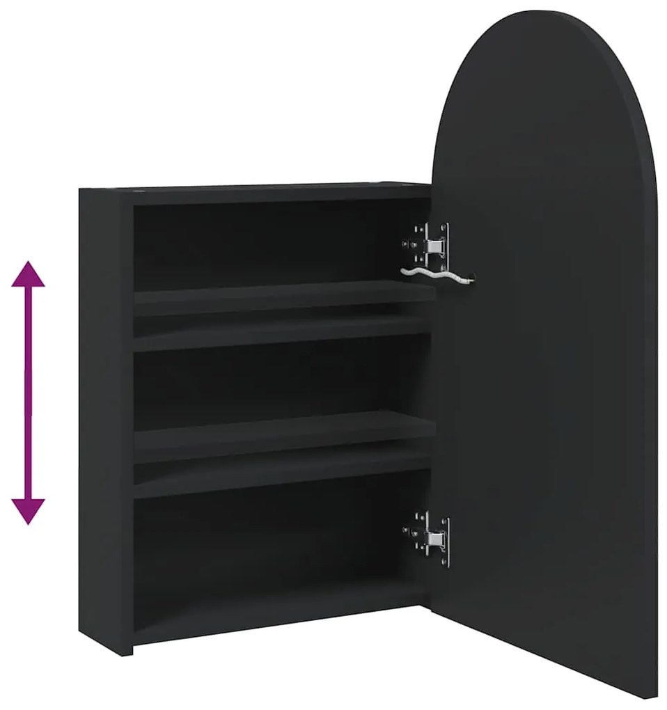 Armário espelhado arqueado p/ casa de banho c/ luz LED preto