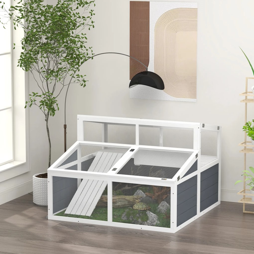Recinto para pequenos animais com 2 compartimentos, teto em policarbonato, 3 portas e rampa – 115 x 115 x 82 cm – cinzento