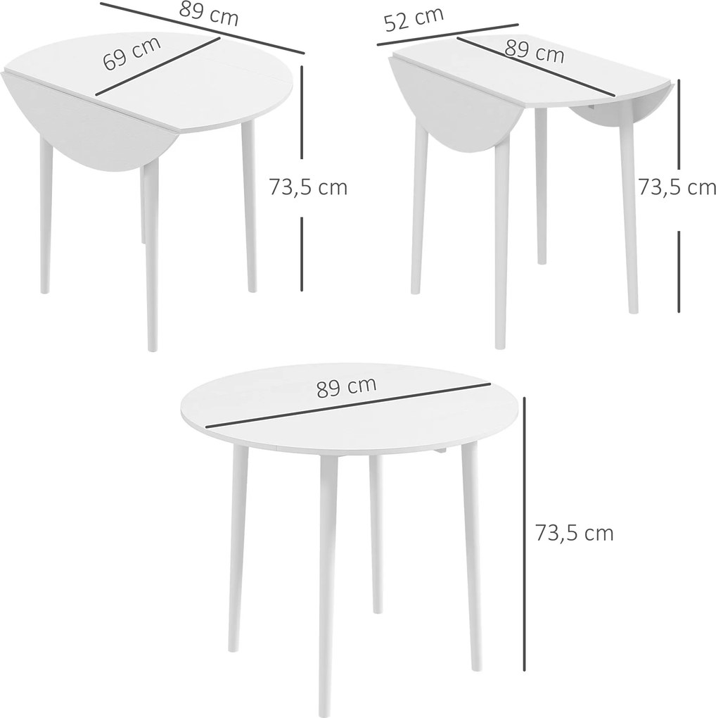 Mesa de jantar dobrável com 2 abas  Ø 89 x 73,5 cm (CADEIRAS NÃO INCLUIDAS), mesa redonda extensível para 4 pessoas, pés em madeira, branca