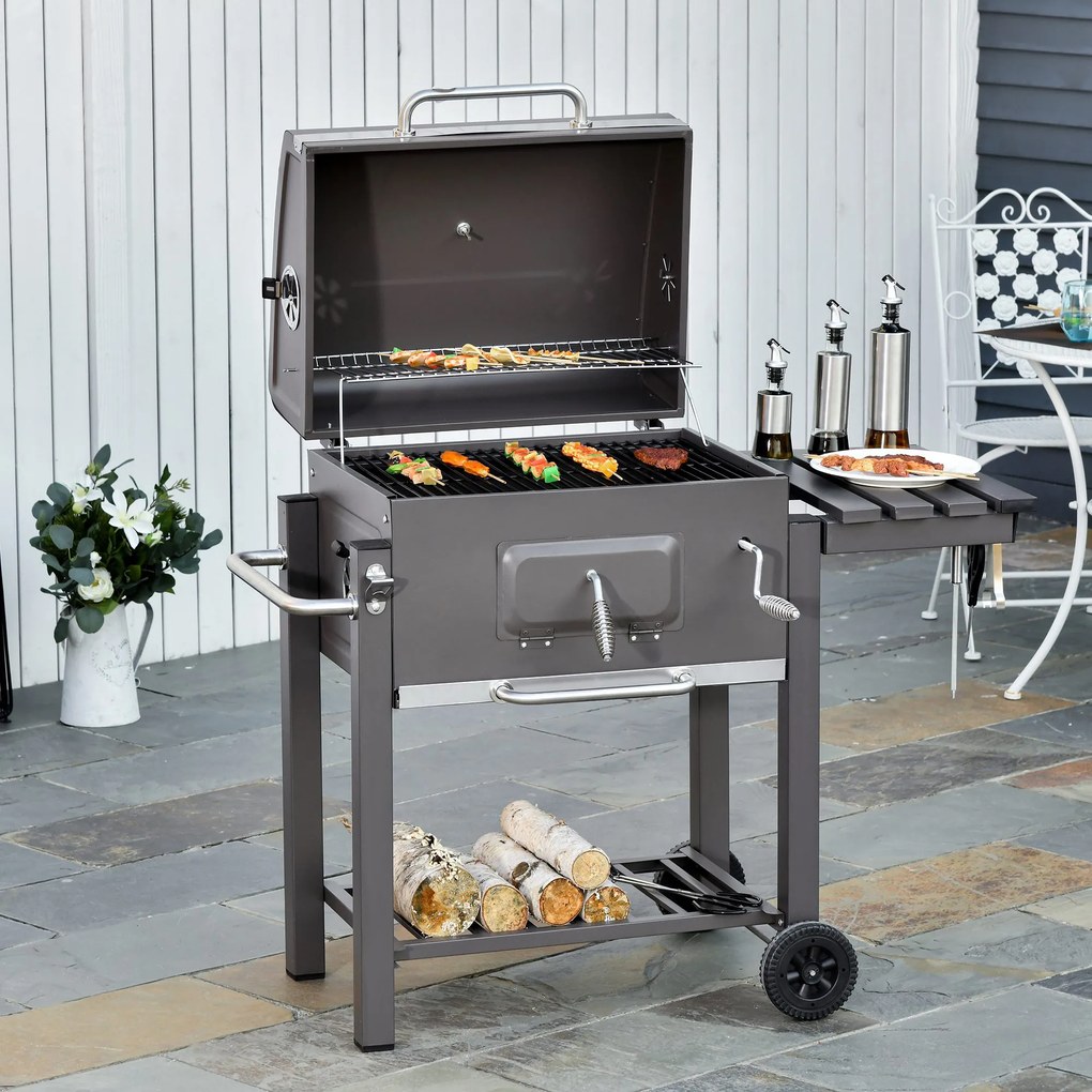 Outsunny Barbecue a Carvão com Rodas Prateleira Lateral e Termômetro Barbecue a Carvão para Jardim Campismo Exterior 115x56x108cm Cinza