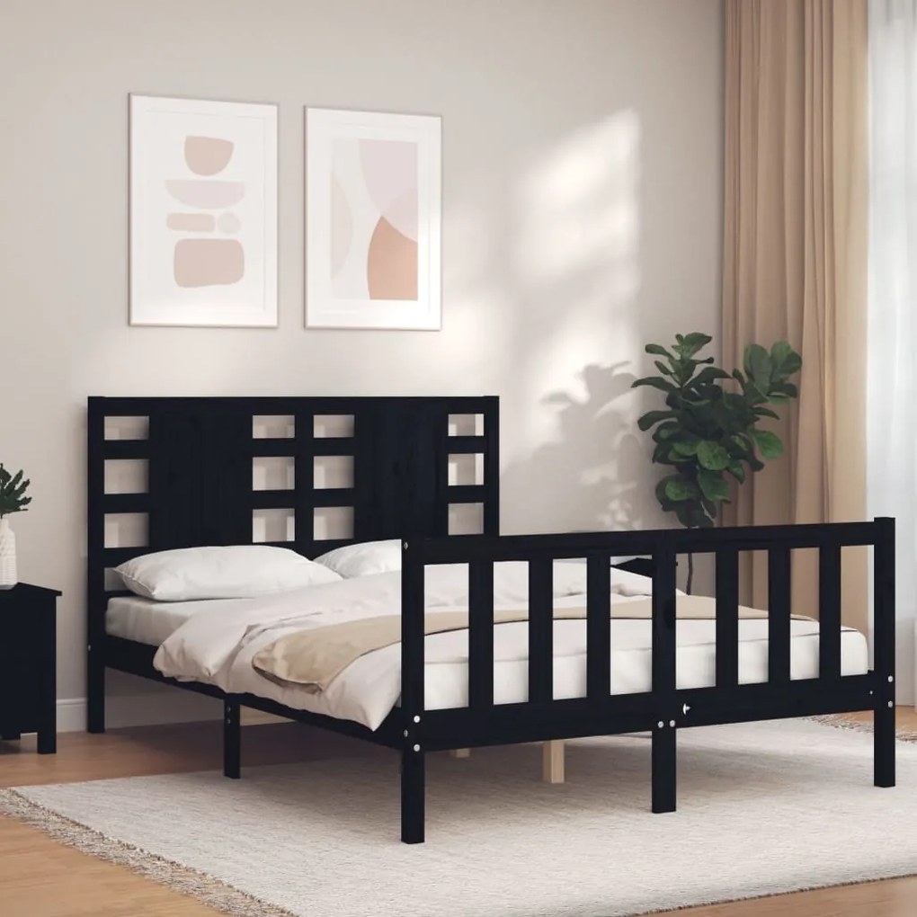 Estrutura de cama de casal c/ cabeceira madeira maciça preto