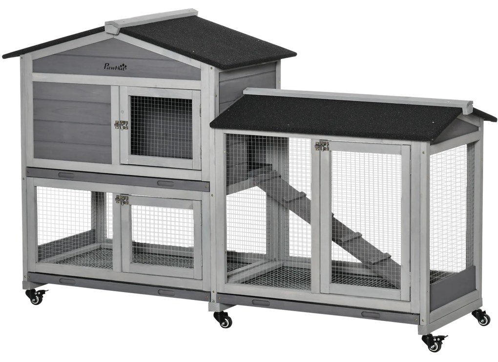 PawHut Coelheira de Madeira 157,4x53x99,5 cm Gaiola para Coelhos Grande com Rodas Teto Asfáltico Tabuleiro Amovível e Rampa Cinza | Aosom Portugal