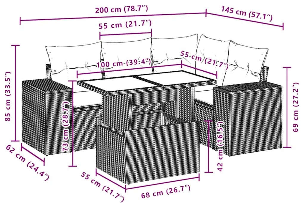 5 pcs conjunto sofás de jardim com almofadões vime PE preto