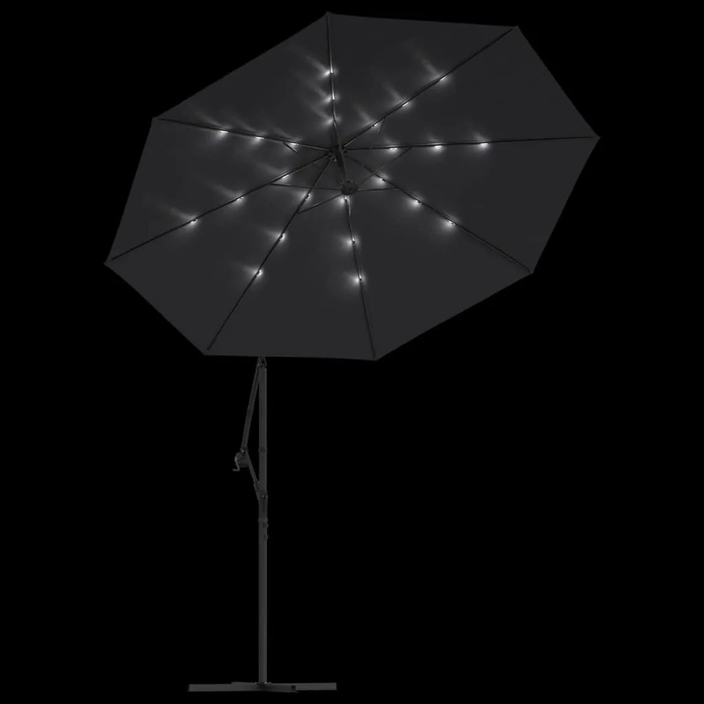 Guarda-sol cantilever c/ luzes LED e poste de aço 300 cm preto