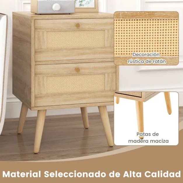Mesa de cabeceira em rattan com toque boémio e 2 gavetas Mesa de apoio moderna 40 x 40 x 59 cm Natural