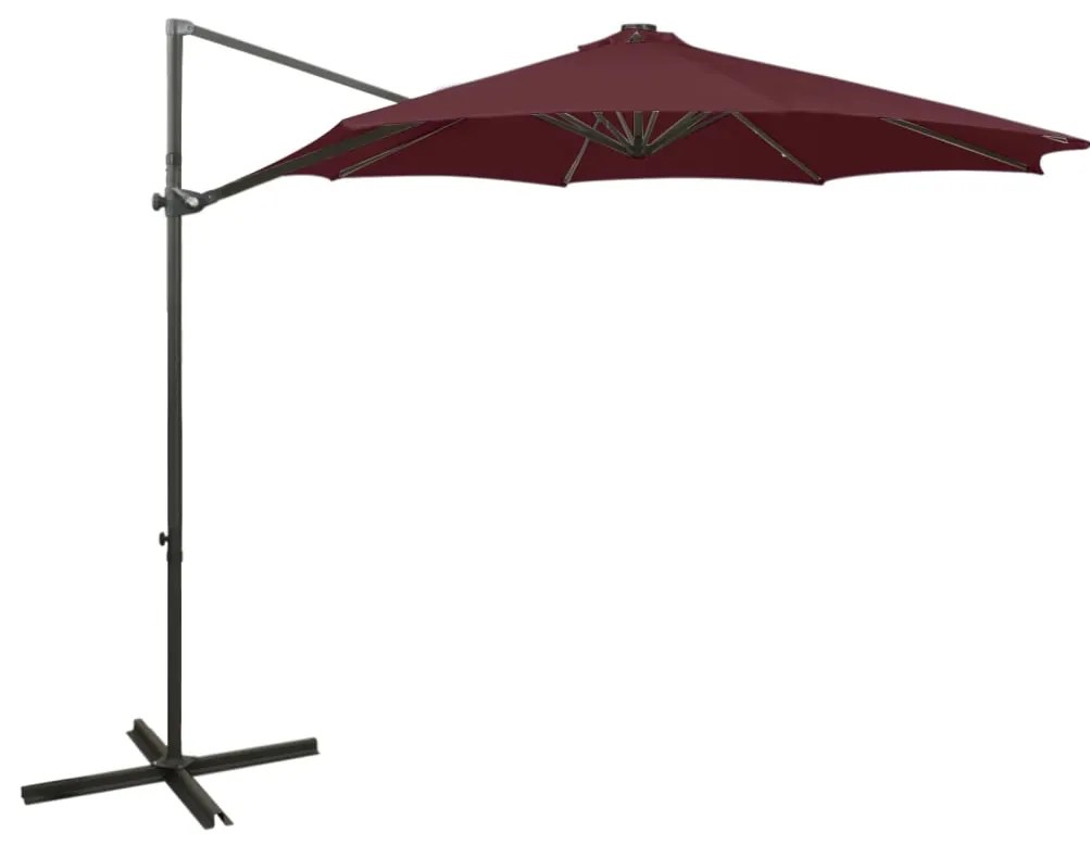 Guarda-sol jardim cantilever c/ poste e luzes LED 300 cm bordô