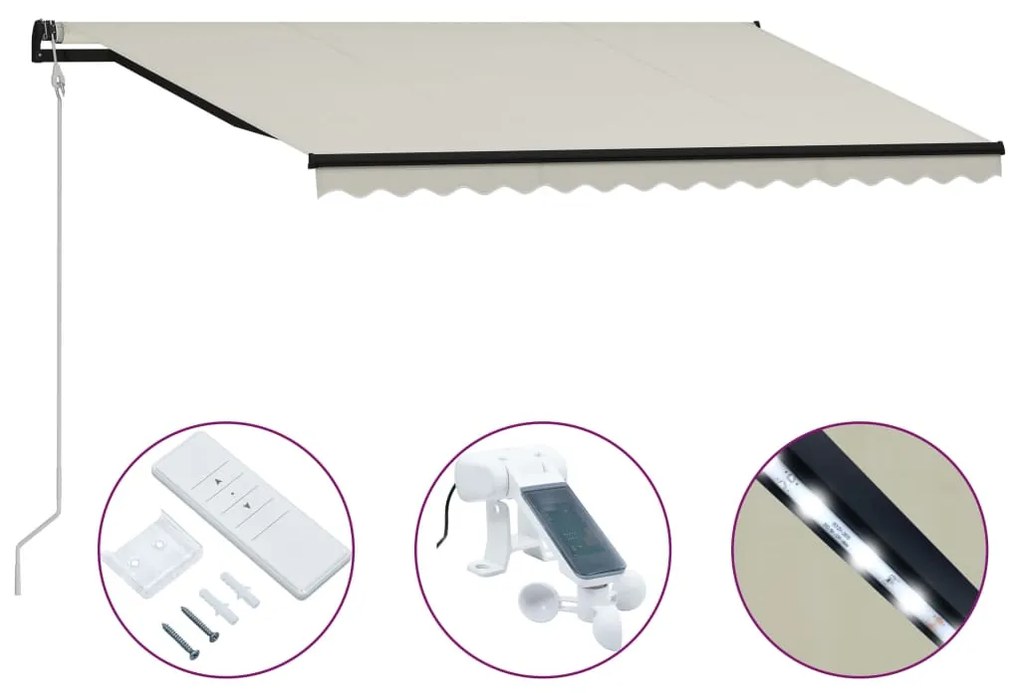vidaXL Toldo retrátil c/ sensor vento e LED 400x300 cm cor creme