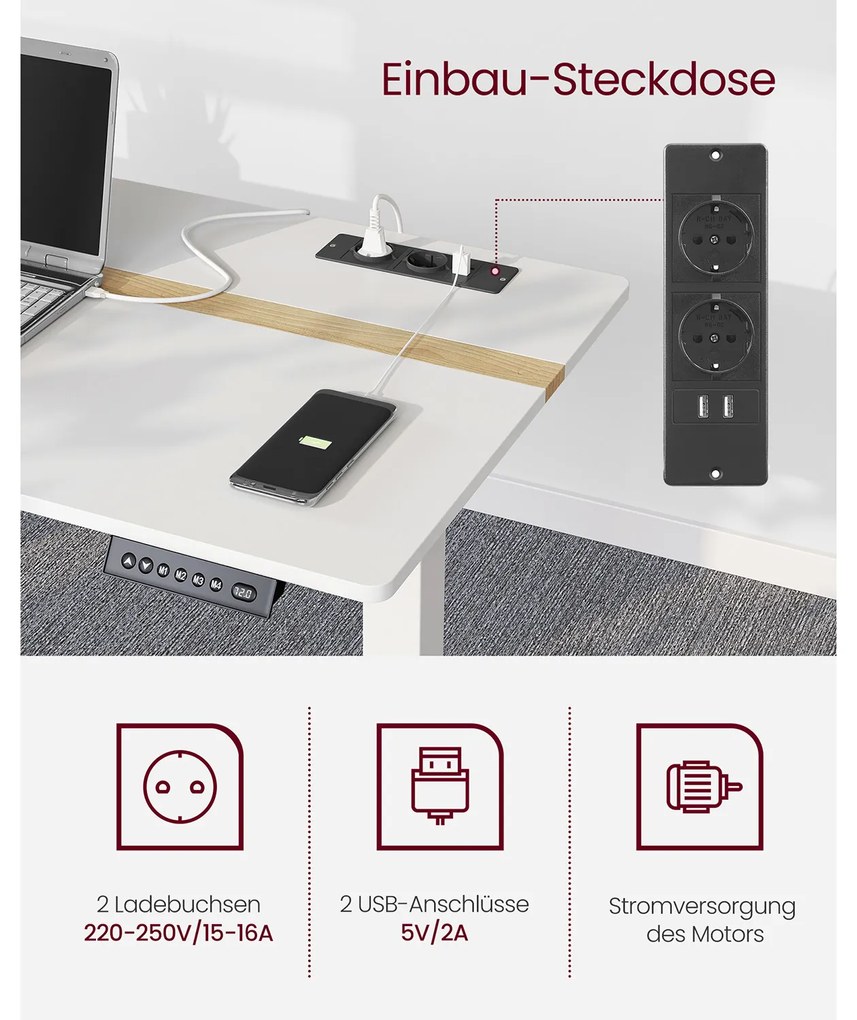 Secretária elétrica com altura ajustavel com 2 tomadas e 2 portas USB; e gaveta 60 x 120 x (72-120) cm Branca