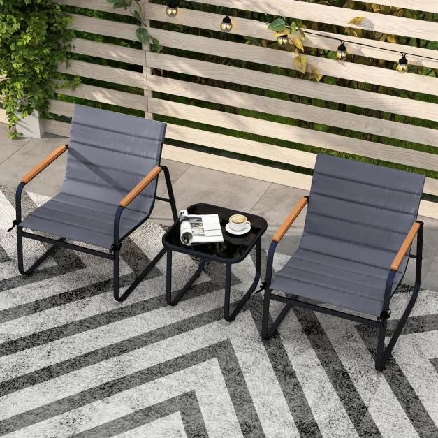 Conjunto de jardim de 3 peças, mesa de centro de vidro temperado e 2 Cadeiras com almofadas cinza