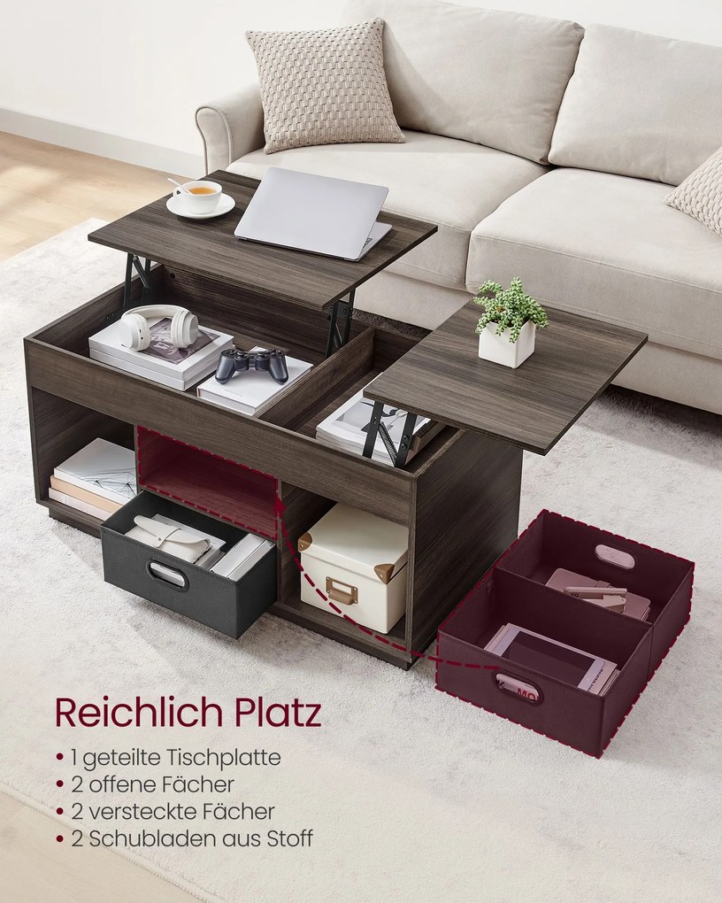 Mesa de centro com 2 gavetas e compartimentos 50 x 100 x 48 cm/62,3 cm Cinza
