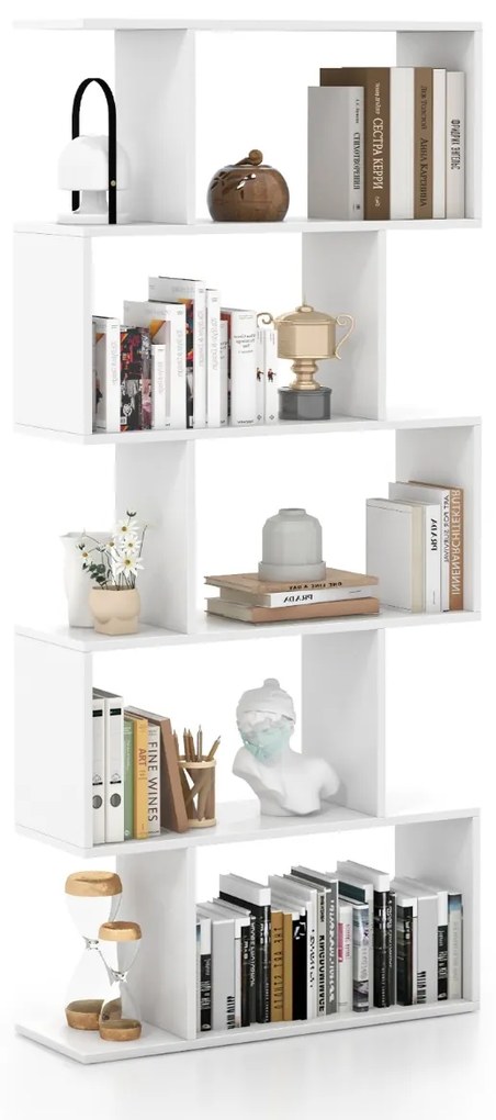 Estante de 5 níveis em forma de S com dispositivo anti-queda Divisória de sala 70 x 23,5 x 158 cm Branca