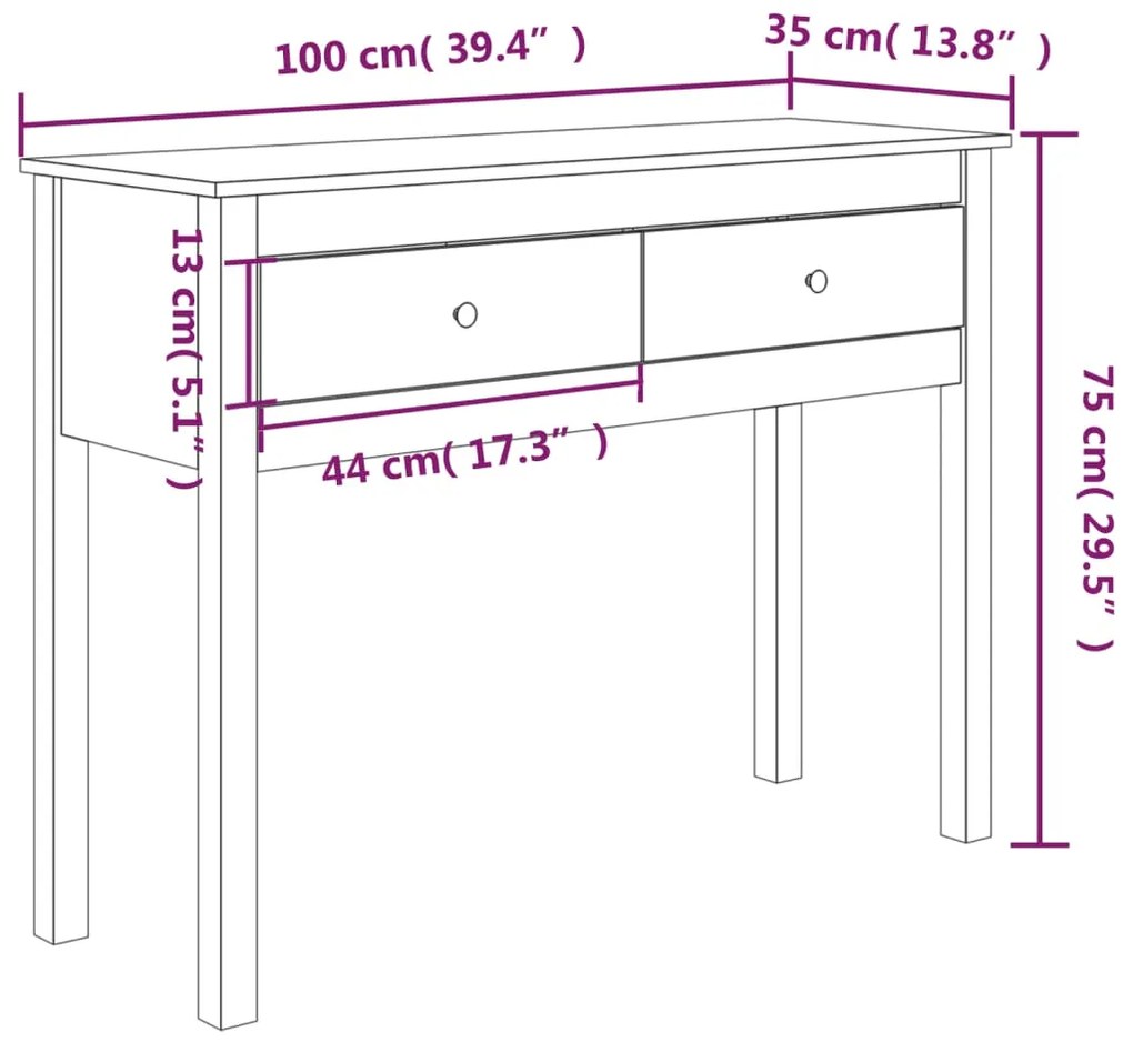 Mesa consola 100x35x75 cm madeira de pinho maciça castanho mel