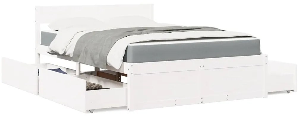 vidaXL Cama com gavetas e colchão 120x200 cm pinho maciço branco