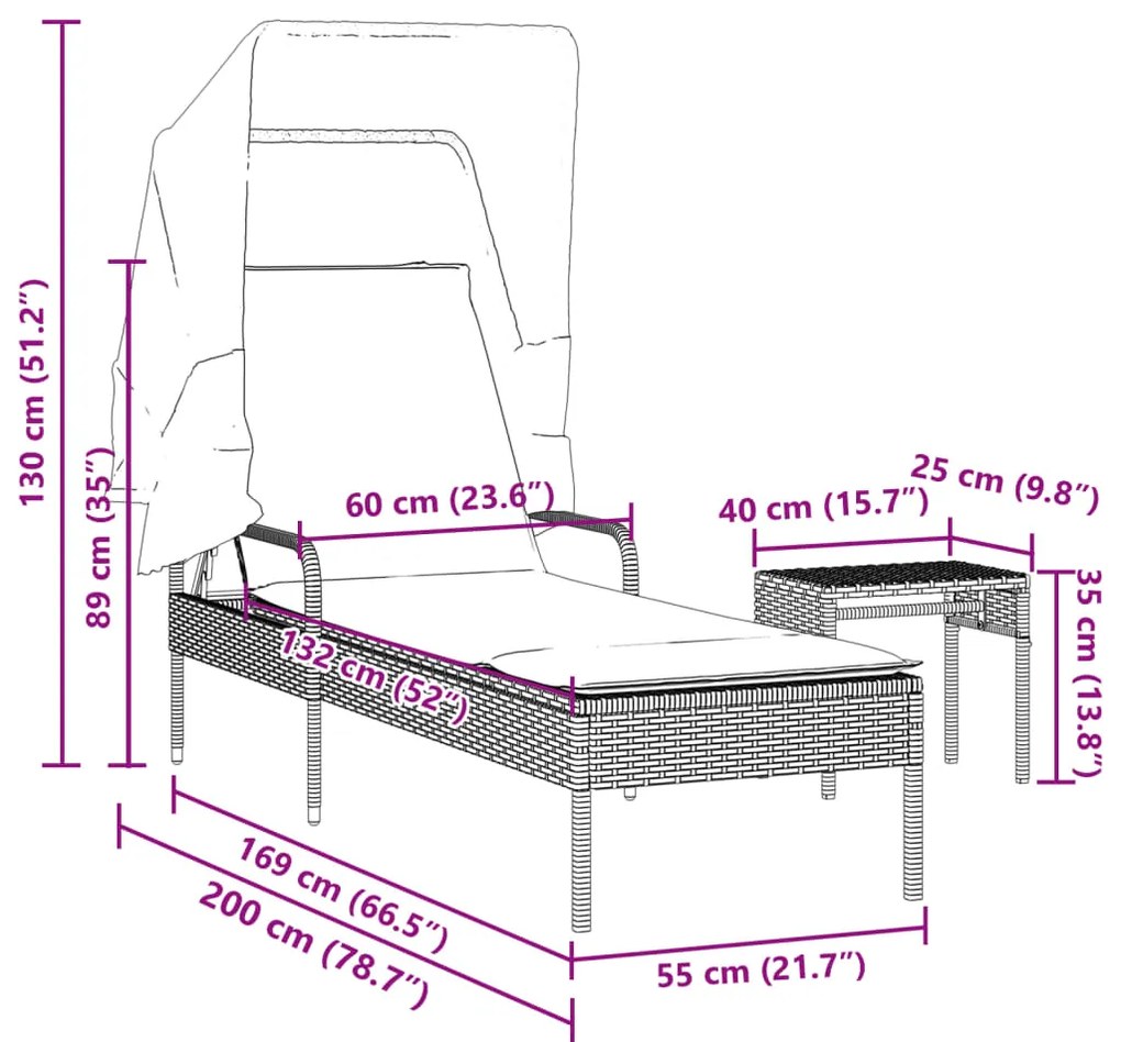Espreguiçadeira com toldo e mesa vime PE bege