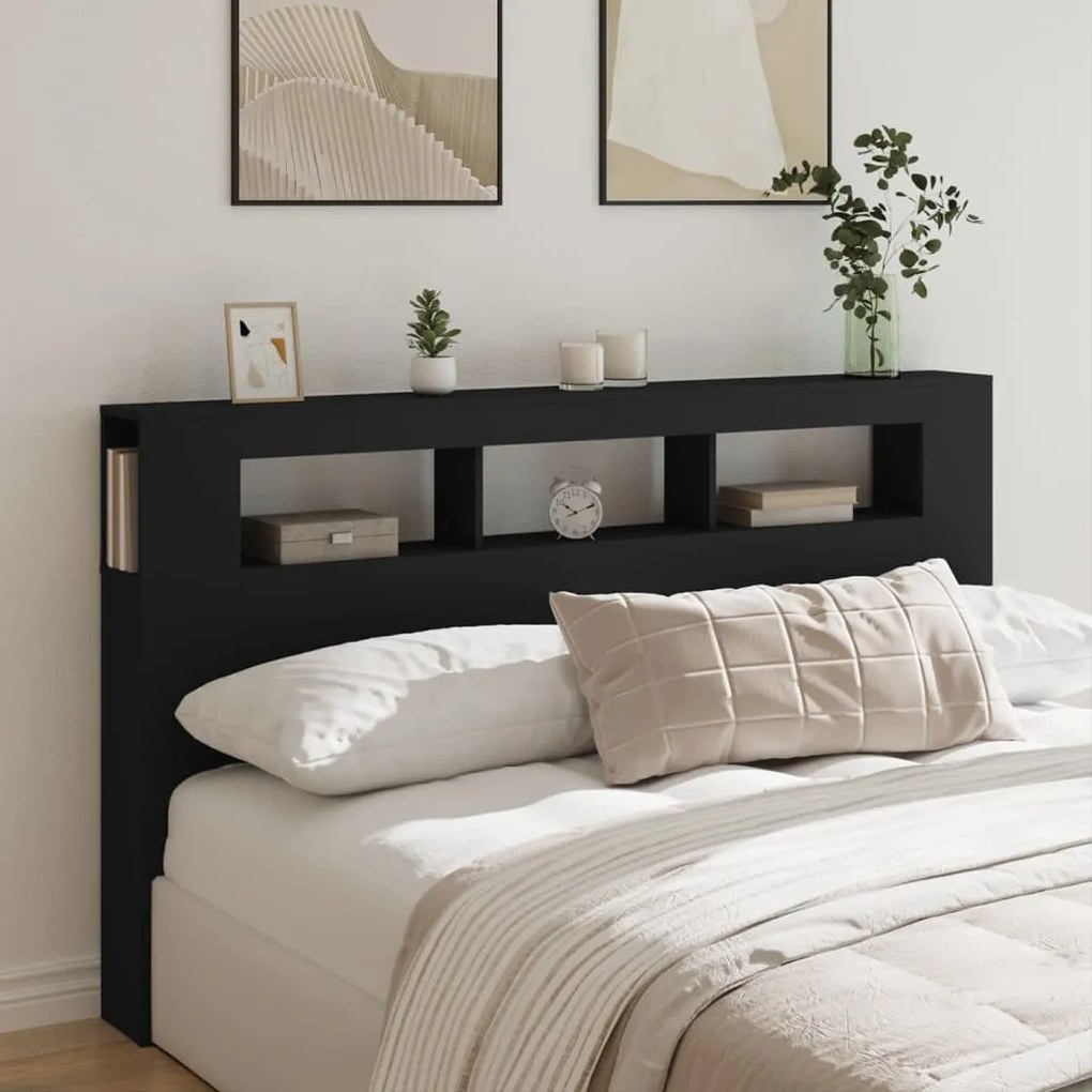 Cabeceira cama c/ LEDs 180x18,5x103,5 cm deriv. madeira preto