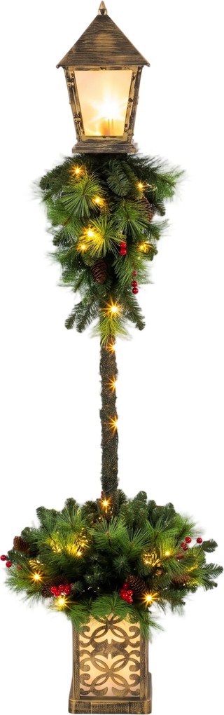 Outsunny Poste de rua de Natal com 50 LEDs branco quente, lanterna exterior com 159 pontas de ramos em PVC e bagas vermelhas | Aosom Portugal