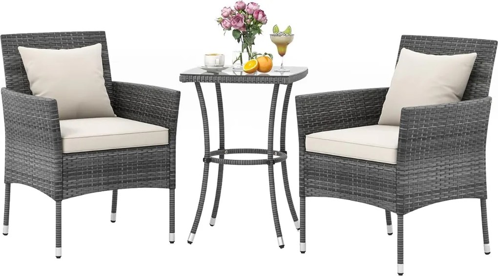 Conjunto de jardim de 3 peças de rattan PE com almofadas e mesa em vidro temperado para varanda, jardim, relvado, pátio cinzento e Bege