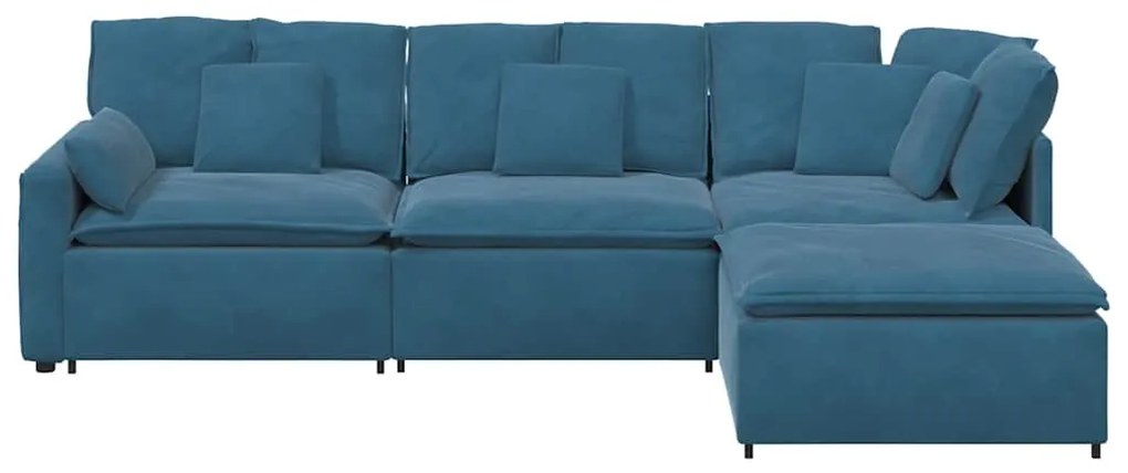 Sofá modular com pufes e almofadas veludo azul