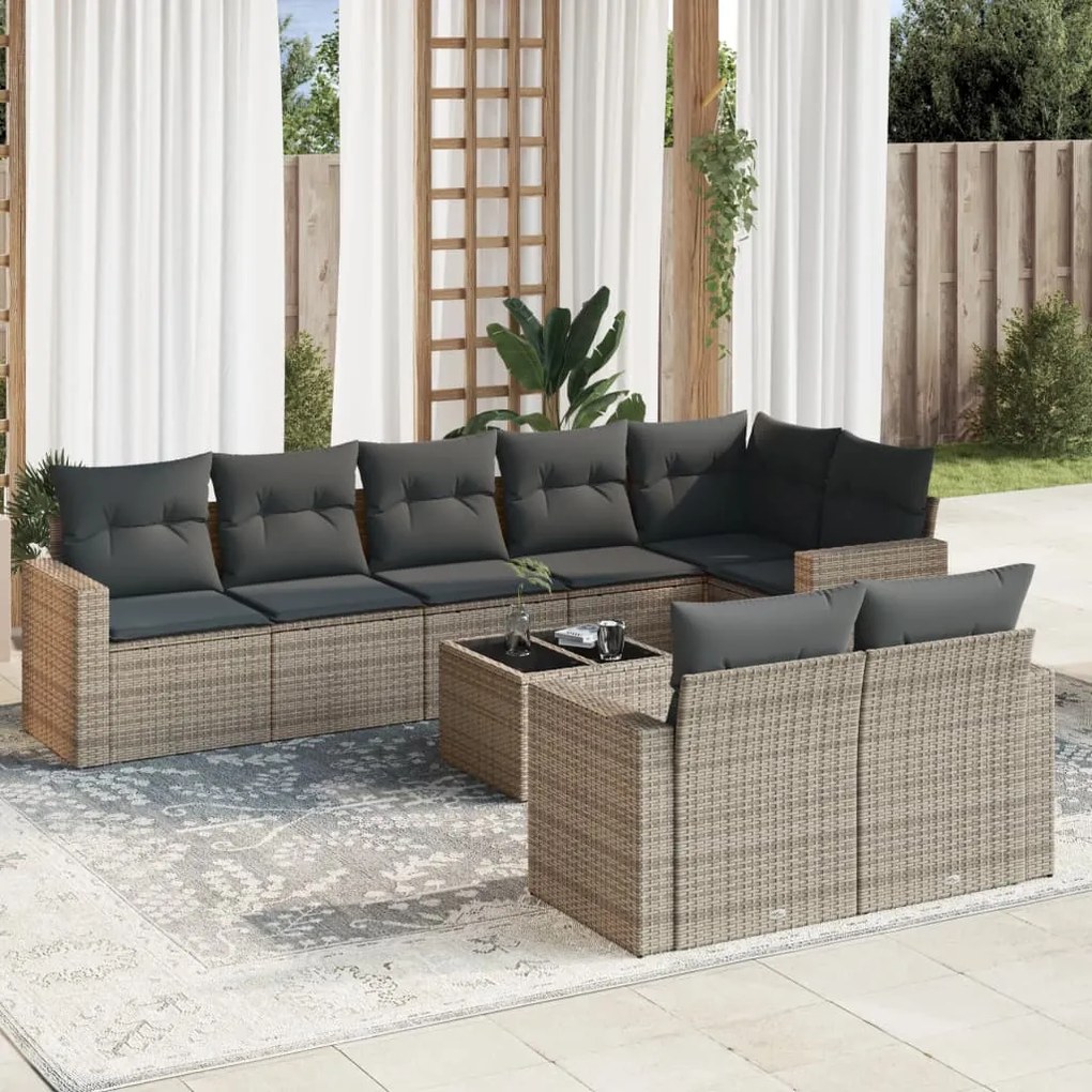 9 pcs conjunto sofás p/ jardim com almofadões vime PE cinzento