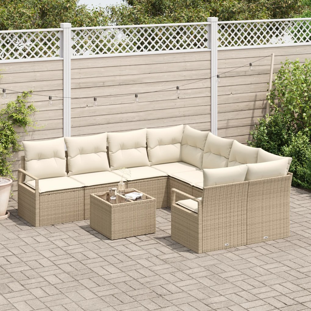 Conjunto de Sofá de Jardim vidaXL de 9 Peças com Almofadas Bege Rattan