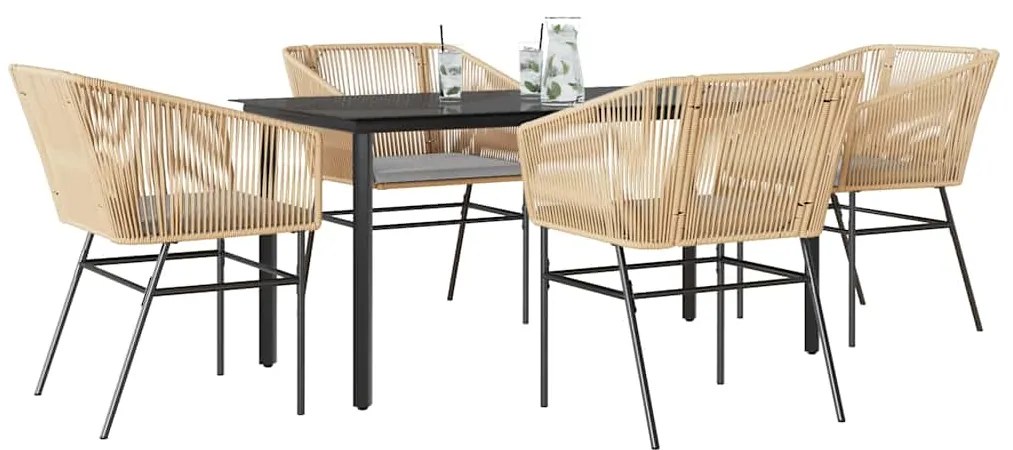 Conjunto jantar jardim 5 peças almofadas vidro vime PE castanho