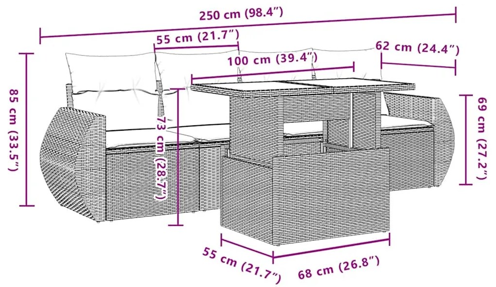 5 pcs conjunto de sofás p/ jardim com almofadões vime PE bege