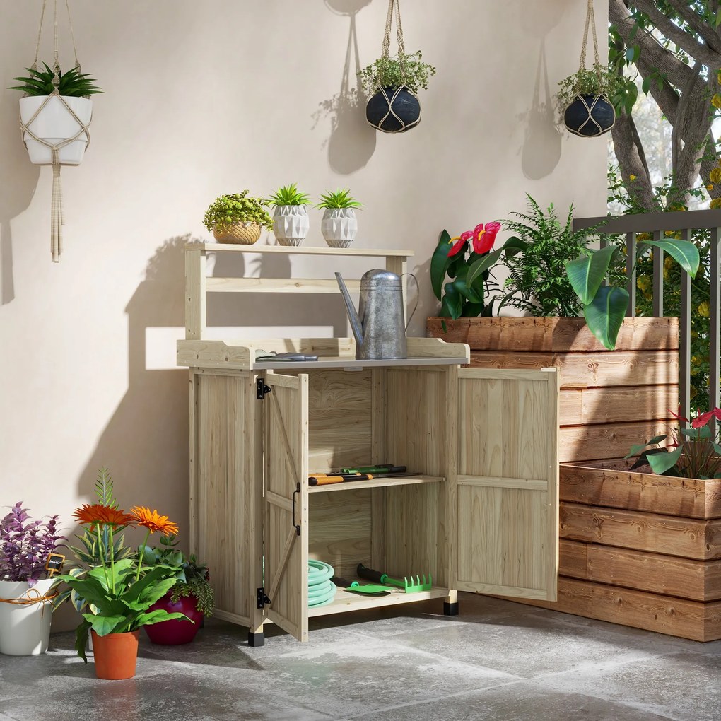 Bancada de Jardinagem, mesa de jardinagem, armário, prateleiras e tabuleiro com patins antiderrapantes, 90,5 x 41 x 124,5 cm, madeira natural