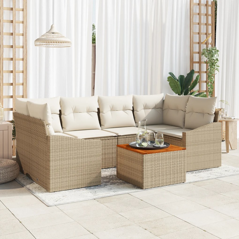 Conjunto de Sofá de Jardim de 7 Peças com Almofadas Bege Poli Rattan A