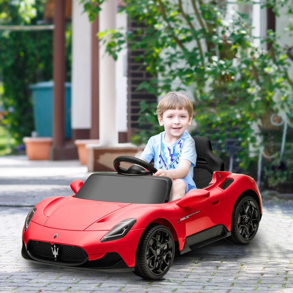 Carro elétrico para crianças com licença Maserati MC20 12V, comando à distância, LED, música e buzina, 3 a 6 anos, vermelho