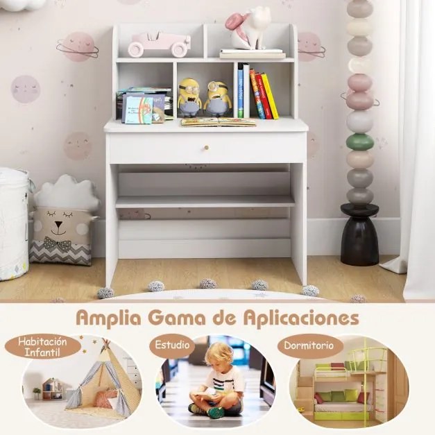 Secretária para crianças com prateleira, gaveta e estante aberta 80 x 48 x 102 cm, branca