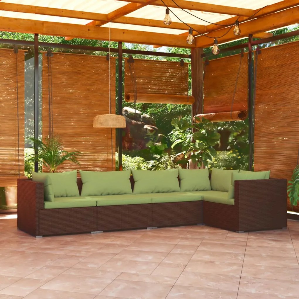 5 pcs conjunto lounge jardim c/ almofadões vime PE castanho