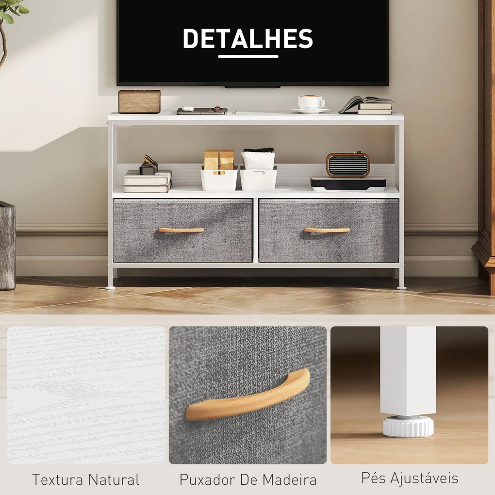 Móvel de TV com Prateleira e 2 Gavetas de Tecido Dobráveis para Televisores até 47 Polegadas 98x29x56 cm Branco e Cinza