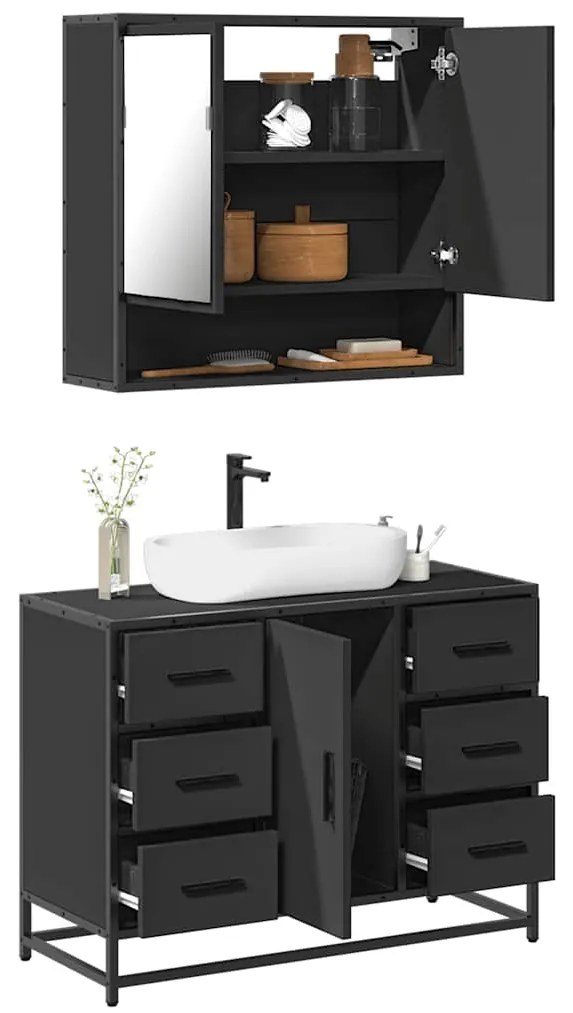 vidaXL 2 pcs conjunto móveis casa de banho derivados de madeira preto