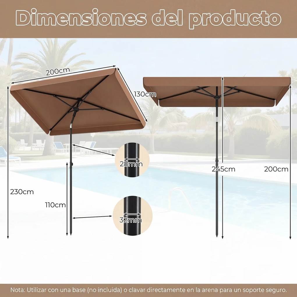 Guarda-sol retangular 200 x 130 cm para terraço exterior com inclinação bidirecional de 30°, bolsa de transporte e enfeites para pátio, piscina e