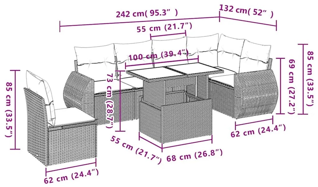 7 pcs conjunto de sofás p/ jardim c/ almofadões vime PE preto